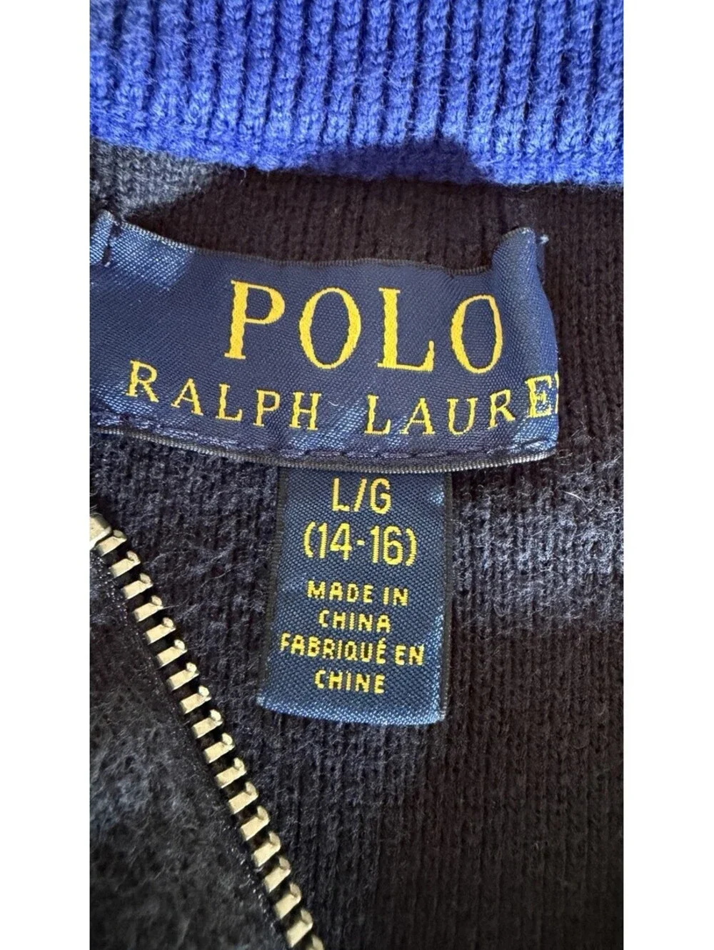 Polo Ralph Lauren Letterman Varsity Sweater Zip Stripe Cuffs Navy Blue  Sz 14/16